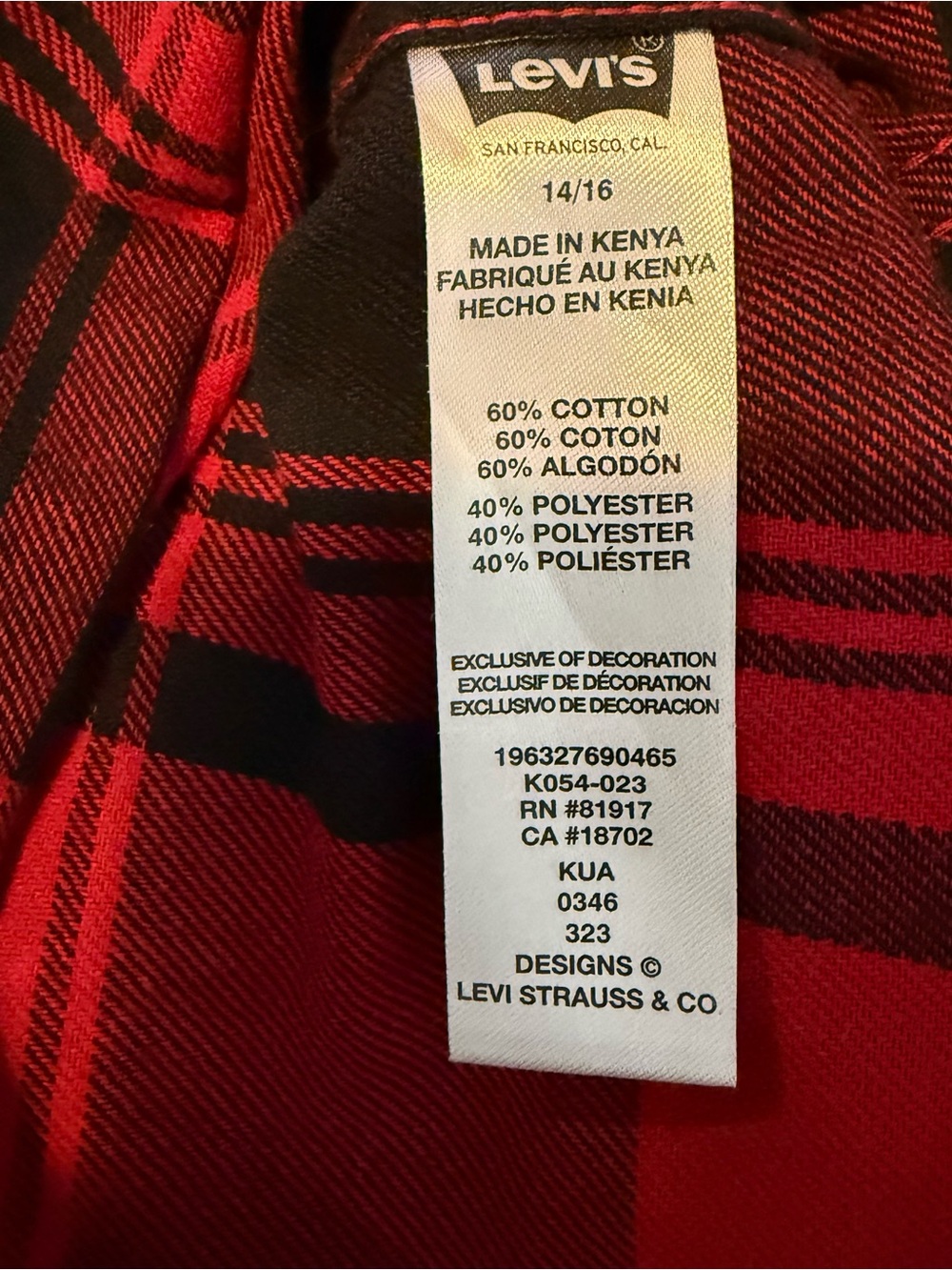 Levi’s Boys Classic Buffalo Plaid Flannel Shirt Size 14/16 - Picture 7 of 7